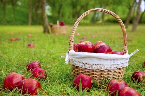 Apples in basket on a grass trees field in red color