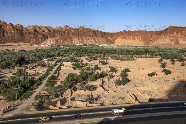 View of the palm oasis Al Ula, Kingdom of Saudi Arabia, from the fortress of the old town