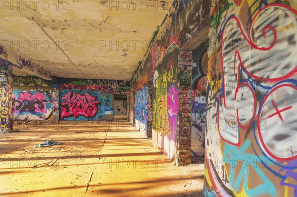 Abandoned building with graffiti walls and crumbling plaster, Dortmund-Hafen railway depot, Lost Place, Dortmund, North Rhine-Westphalia, Germany, Europe