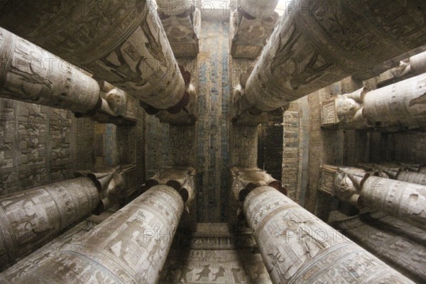 Relief Paintings in the great columns hall of the Hathor temple of Dendera, Egypt, Africa