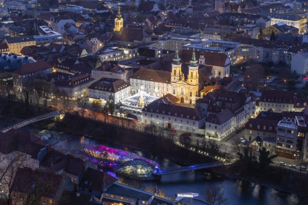 Evening atmosphere, view from the Schlossberg to the illuminated Murinsel and the Mariahilferkirche, Graz, Styria, Austria, Europe