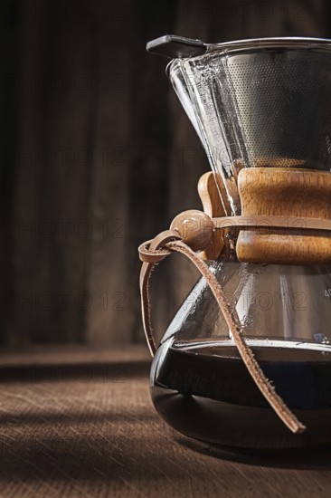 Alternative Method To Make Delicious Flavoured Coffee. Glass Coffee Dripper. Hot Fresh Brewed Flavoured Coffee. Close Up View