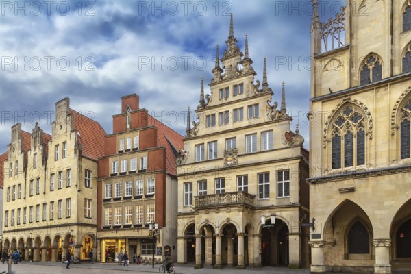Prinzipalmarkt is historic street with buildings with picturesque pediments attached to one another in Munster, Germany, Europe