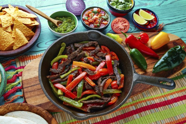 Beef fajitas in a pan with sauces chili and sides Mexican food