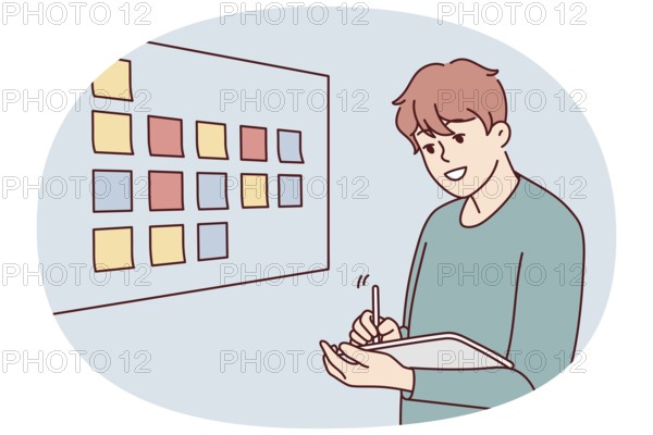 Motivated businessman brainstorm wok with sticky notes on board in office. Male employee or worker involved in creative thinking at workplace. Vector illustration