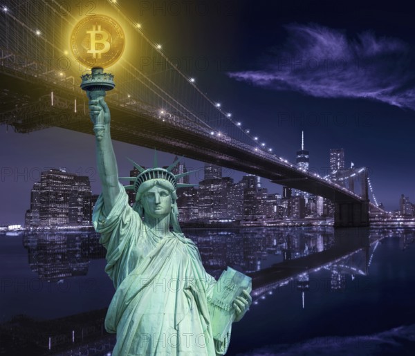 New york skyline with liberty holding bitcoin concept photomount