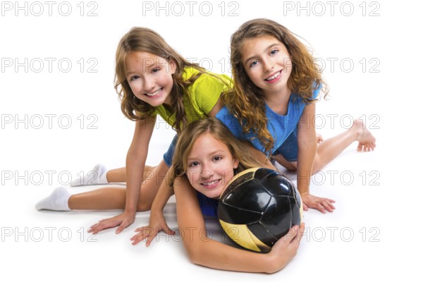 Football soccer girls team portrait with ball on white background