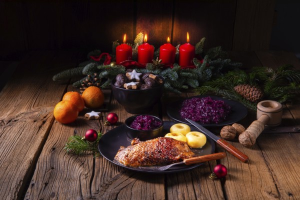 Classic and crispy roast duck with cabbage and dumplings