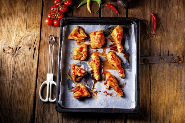 Rustic backed chicken wings, legs on baking tray
