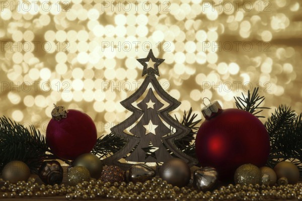 A Christmas symbols decoration red glass balls and bokeh lights
