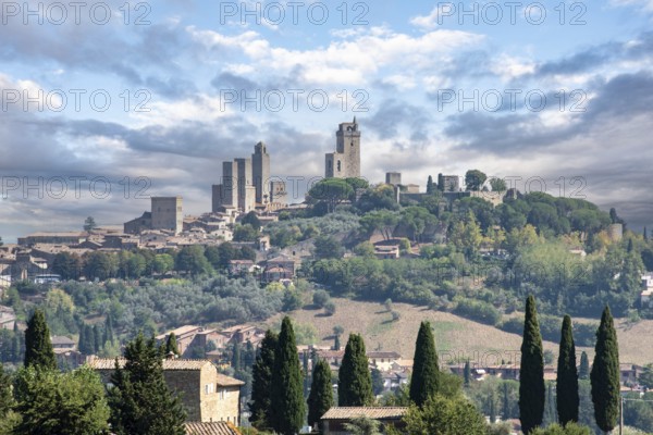 Panoramic view of famous medieval town San Gimignano in the Tuscany, Italy, Europe