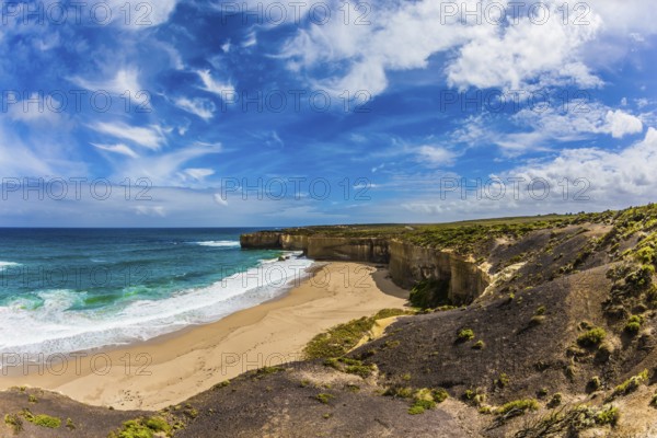 The Great Ocean Road of Australia. Magnificent little beach in the bay of Pacific ocean. The concept of exotic, active and photo-tourism