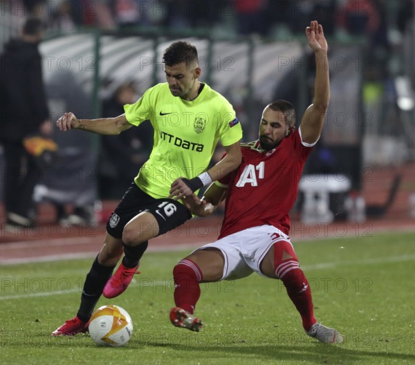 Sofia, Bulgaria - 22 October, 2020: Georgi Yomov (R) of PFC CSKA-Sofia in action against Mateo Susic of CFR 1907 Cluj during the UEFA Europa League group A football match between CSKA Sofia and CFR Cluj, Sofia, Bulgaria, Europe