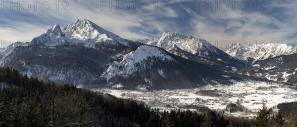 Mountain Panorama with Watzmann in National Park Bechtesgadener Land with snow in winter