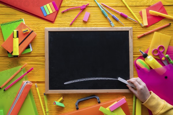 Back to school supplies arrangement vivid colorful neon color and blackboard hand chalk