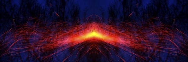 From a glowing hot centre in shades of yellow and orange, bright red trajectories of sparks move symmetrically to the left and right sides of the picture. Landscape format. Out of a glowing hot centre in yellow and orange tones, flight tracks of sparks move symmetrically to the left and to the right side of the image. Horizontal format