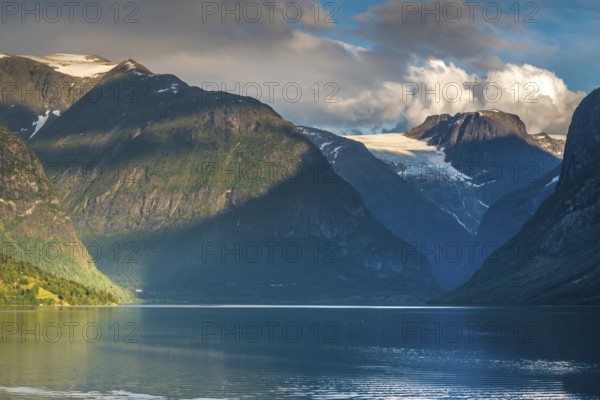 Beautiful landscape at the glacier lake in Loen in Norway during summer time