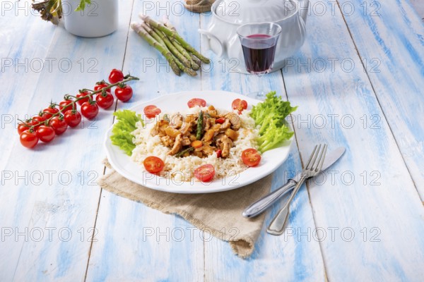 Turkey fricassee on rice with asparagus and peppers