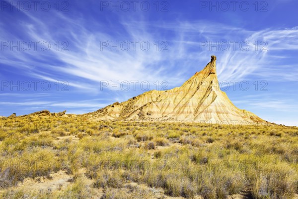 The rock of Castildetierra. Bardenas Reales, the Spanish province of Navarre. Rock formations are unparalleled in Europe. Journey to the warm Spanish autumn