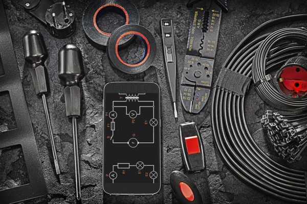 Big Black Electric Tools Set Smartphone Display With Blueprint On Abstract Stone Background
