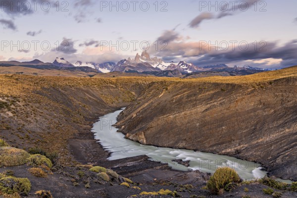 The Las Vueltas river with Mount Fitz Roy in the morning light in Los Glaciares National Park, El Chaltén, Santa Cruz, Argentina, South America