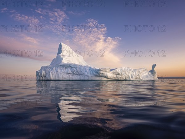 Large glaciers in the bay by the rocky shore in the light of the setting sun