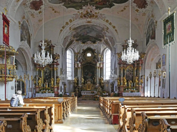 Opulent baroque decor in the Catholic town church of St Peter and Paul Mittenwald. Bavaria, Germany, Europe