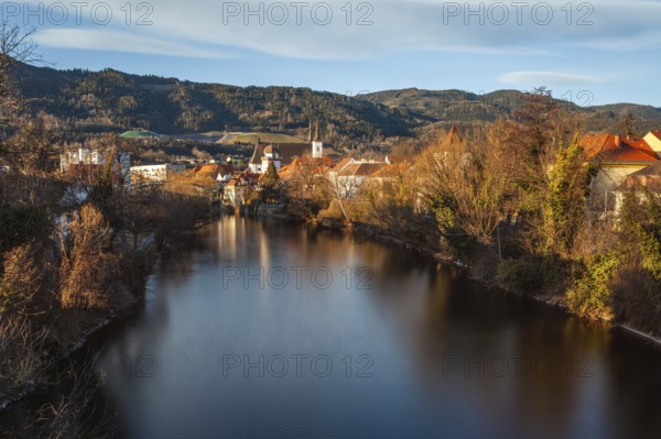 View of the historic city centre, old town of Leoben at the river Mur, Schwammerlturm and church St. Xaver, long exposure, Leoben, Styria, Austria, Europe