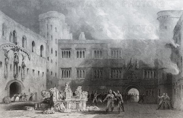Linlithgow Palace, burning in 1746, Linlithgow, West Lothian, Scotland, United Kingdom, Europe