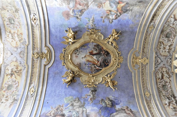 Church of Santa Maria dopra Minerva, Minerva Temple, Assisi, Umbria, Italy, Ceiling painting with angels and heavenly scenes in blue colours, Assisi, Umbria, Italy, Europe