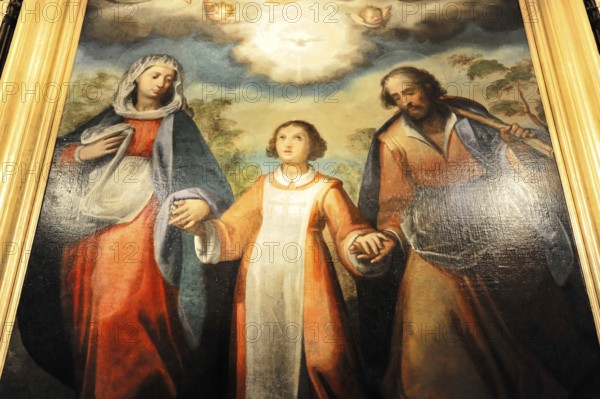 La Mezquita, Mosque, Cathedral of Cordoba, Cordoba, Andalusia, Spain, Europe, Religious painting of a holy family in front of a celestial background, Europe