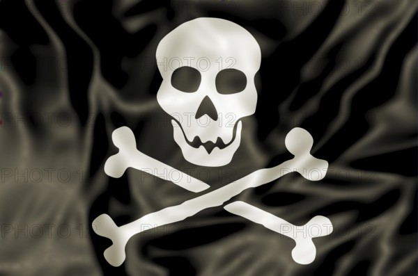 3D Pirate Flag waving, white skull and bones on black background