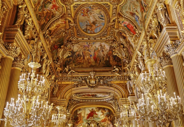 PARIS, FRANCE, MARCH 14, 2017 : interiors, frescoes and architectural details of the palais Garnier, Opera of Paris, march 14, 2017 in Paris, France, Europe