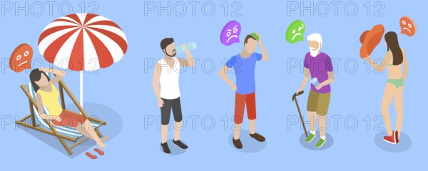 3D Isometric Flat Illustration of Extreme Hot Weather, Individuals Experiencing Excessive Heat Conditions