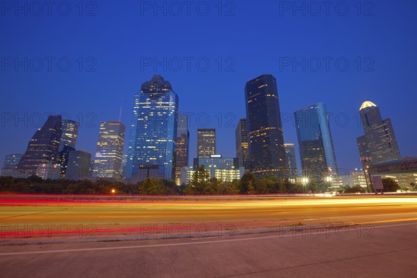 Houston downtown skyline at sunset dusk in Texas US USA