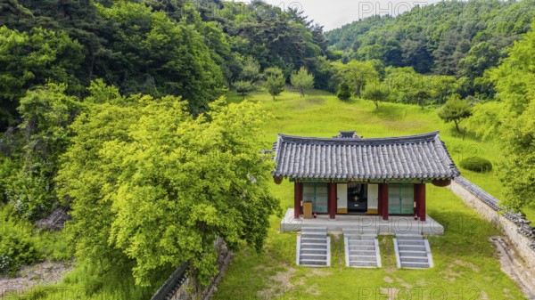 Cheongju, South Korea, May 31, 2020: Aerial view of shrine honoring independence activist, historian and journalist Chae Ho Sin (1880-1396), Asia
