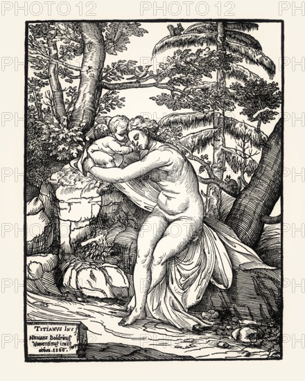 Venus and Amor, 1566, by Niccolo Boldrini after Tizian, facsimile of the 19th century