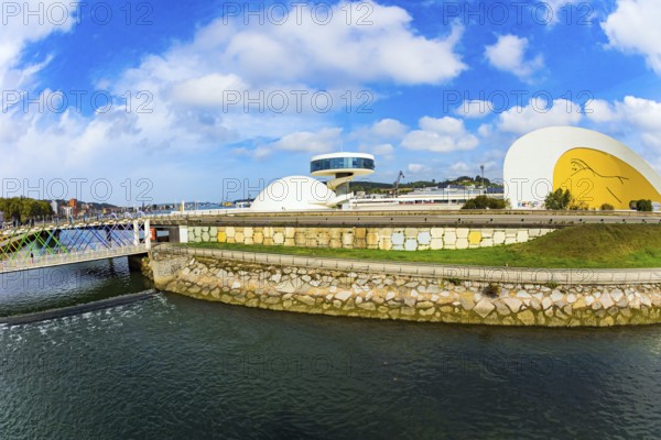International cultural center of the famous architect Oscar Niemeyer. Magnificent light bridge over the river Aviles. The picturesque town of Avilas in Asturias. North of Spain