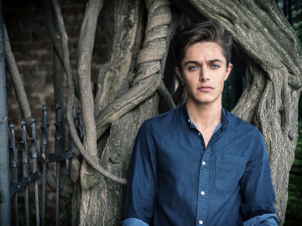 One handsome blue eyed young man in urban setting in European city park