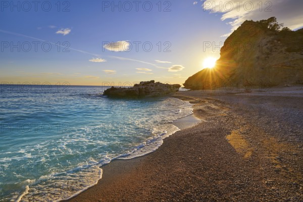 La Caleta beach playa in Villajoyosa of Alicante in Spain also Vila Joiosa at Costa Blanca