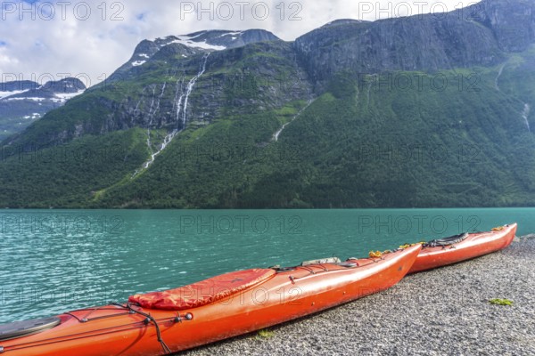 Beautiful landscape at the glacier lake in Loen in Norway during summer time