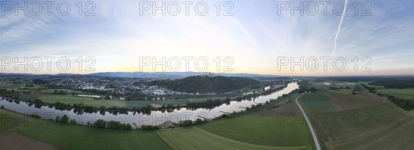 Panorama of a wide landscape with river, fields and hills at sunrise in the soft morning light, Bogen, Lower Bavaria