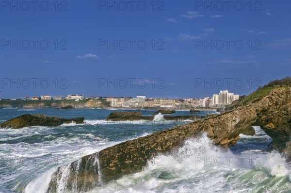 Waves crashing on rocks on the Bay of Biscay in Biarritz, France, Europe