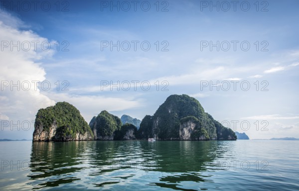Beautiful lagoon landscape rounded with mountains in Phuket island, Thailand. Horizontal outdoors shot
