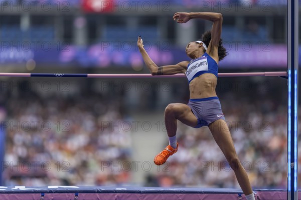 VASHTI CUNNINGHAM USA of the United States, competes in the Women's High Jump at the Stade de France Stadium during the 2024 Paris Summer Olympics in Paris, France, Paris, Europe
