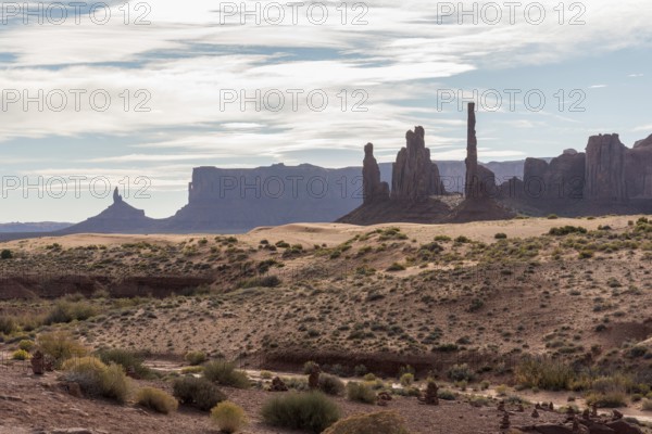Scenic view of Totem Poles rock formation in the Monument Valley, USA, North America