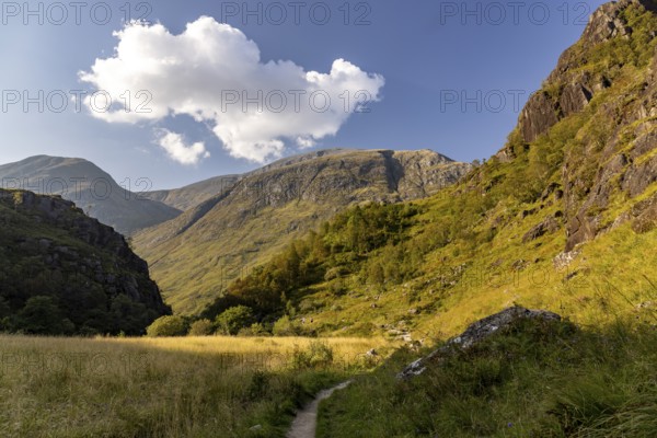 Hiking trail in the high valley, at the foot of Ben Nevis, Fort William, Highlands, Scotland, Great Britain