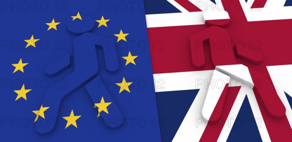 Image relative to politic situation between great britain and european union. Pedestrians icons textured by flags go away. Politic process named as Brexit metaphor