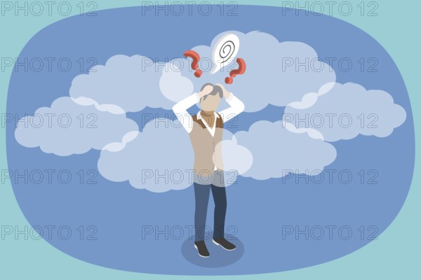 3D Isometric Flat Illustration of Clouded Mind, Depressed Young Man with Cloudy Thoughts