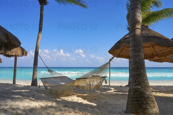 Playa del Carmen beach hammocks in Riviera Maya Caribbean at Mayan Mexico